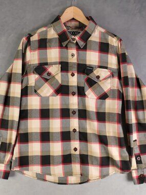 Dixxon Flannel Shirt Womens Medium Beige Black Plaid Button Up D Tech Snap On